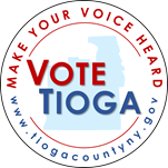 The circular logo for the Tioga County Board of Elections. The words "Vote Tioga" are superimposed over the shape of Tioga County, with the phrase "make your voice heard" above, and the county web address below.